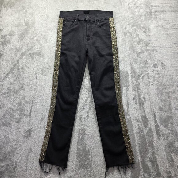 Mother Jeans Womens 26 Black The Rascal Ankle Fray Beaded Side Stripe Raw Hem - Picture 1 of 11